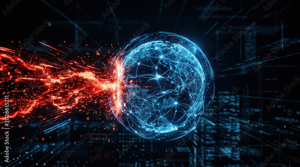 Fototapeta premium Digital globe with glowing blue network lines faces fiery red cybersecurity threats in dark enterprise environment symbolizing protection against cyber attacks and data breaches