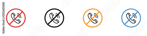 No phone call icon set with prohibited handset symbol. Isolated vector illustration of silent mode and restricted communication signs in red, black, orange, and blue outline styles.