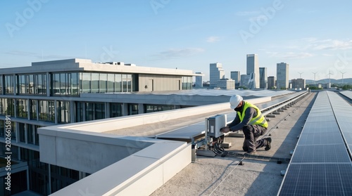 Professional technician installing solar panels on a modern commercial building rooftop, renewable energy concept with city skyline and wind turbines in background