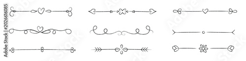 Konstfotografi Hand drawn decorative divider set with elegant swirls, hearts, arrows, and floral elements