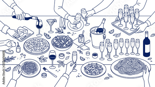 Group of friends sharing a communal dinner with wine and toasts in a detailed blue line art illustration