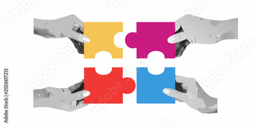 Schilderij op canvas hands holding colorful jigsaw puzzle pieces illustration