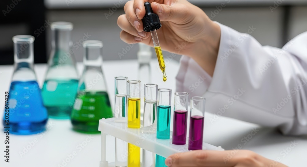 Fototapeta premium Scientist in lab coat adding yellow liquid to test tubes with various colorful solutions