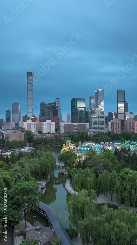 Beijing CBD Day and Night Time-Long Park Amusement Park Urban Landscape Core Building Complex