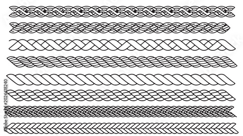 Nautical rope border set, braided cord line brushes, 8 decorative cable vector elements, black and white twisted string frames for marine design