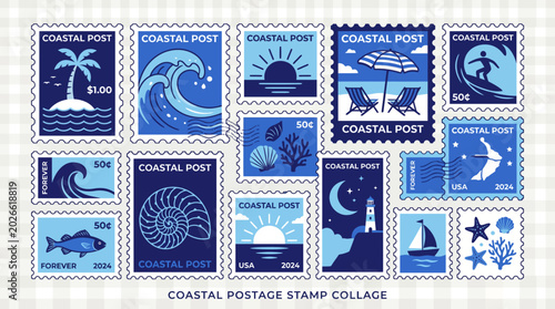 Coastal postage stamp collage in blue tones with ocean waves, lighthouse, seascape and sea life motifs.