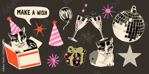 festive sticker sheet vector illustration with cats party hats and gifts