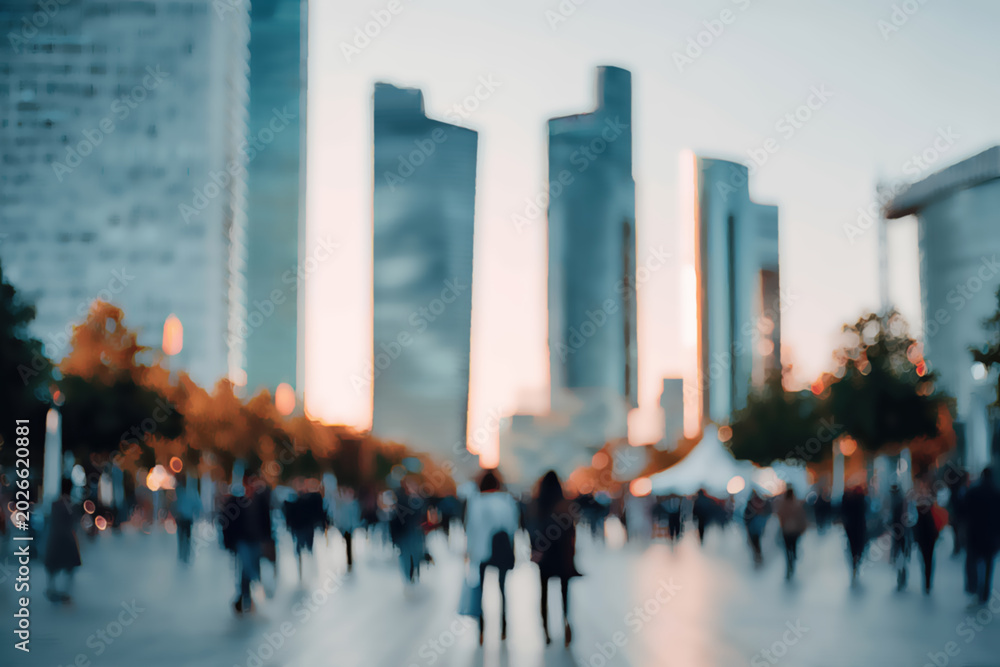 Obraz premium Blurred cityscape with people walking at dusk, illuminated by soft evening light