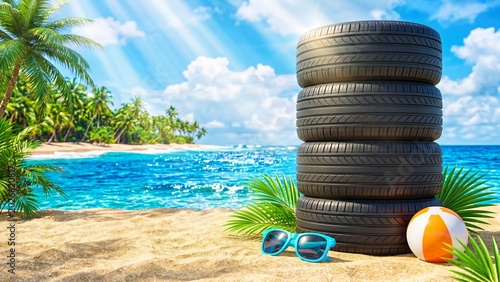 Stack of car tires on sunny tropical beach with blue ocean and palm trees. Blue sunglasses and orange beach ball nearby. Summer vacation and off-road adventure concept in paradise setting