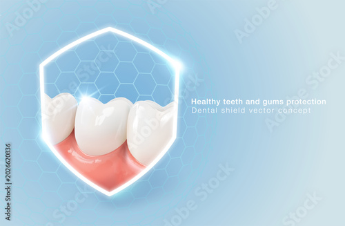 Teeth and gum protection concept with shield icon on blue background. Healthy dental care 3d vector illustration.