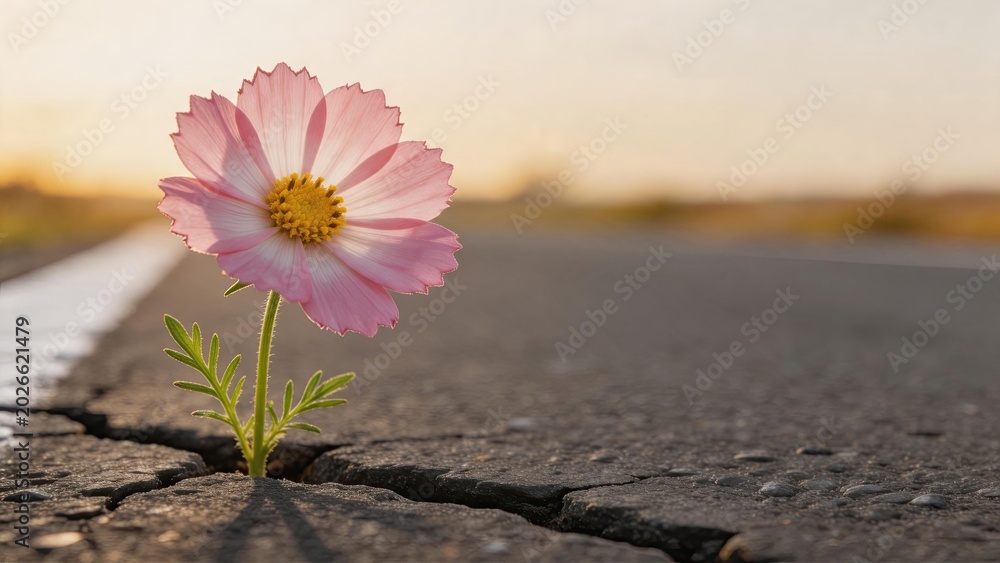 Obraz premium Pink cosmos flower growing through crack in asphalt road at sunset, resilience nature concept, hope, survival, beauty in harsh conditions, spring bloom, environmental strength,