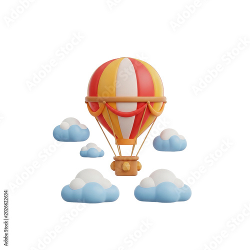 3D render of a colorful hot air balloon with clouds.