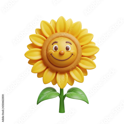 3D Rendered Cute Smiling Sunflower Character Isolated on White.