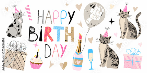 vector birthday collage with cats gifts and celebratory elements