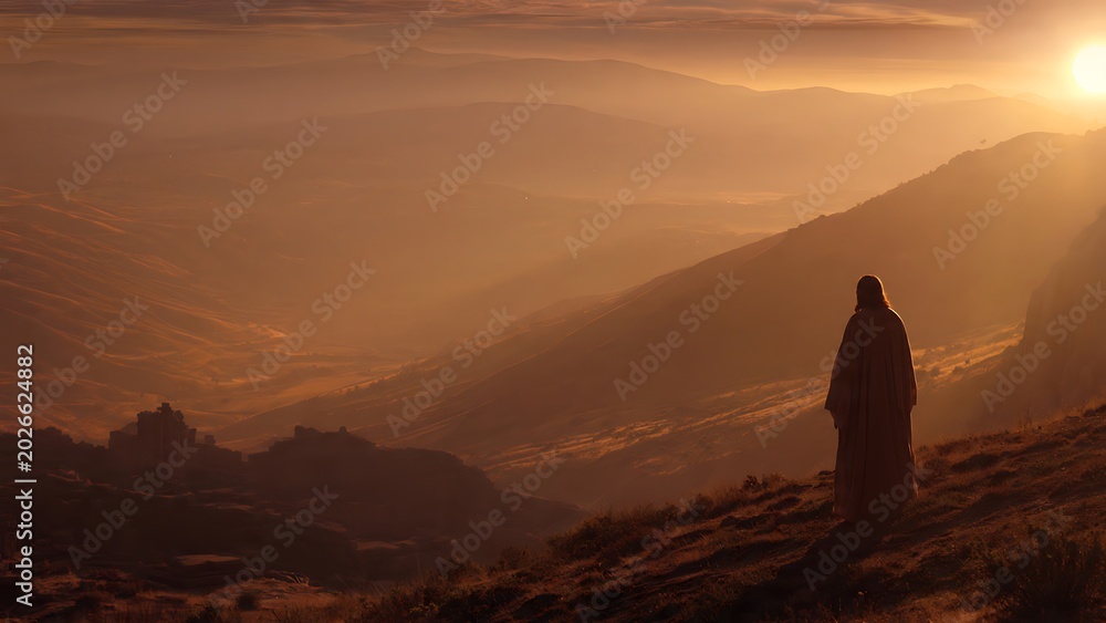 Obraz premium Person standing on mountain peak at sunrise.