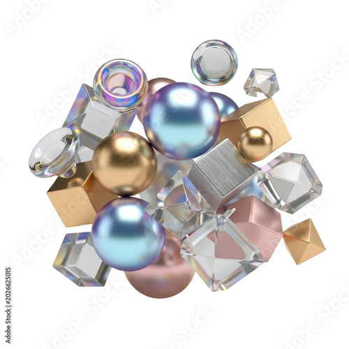 Abstract composition of colorful 3D spheres and geometric crystal cubes.