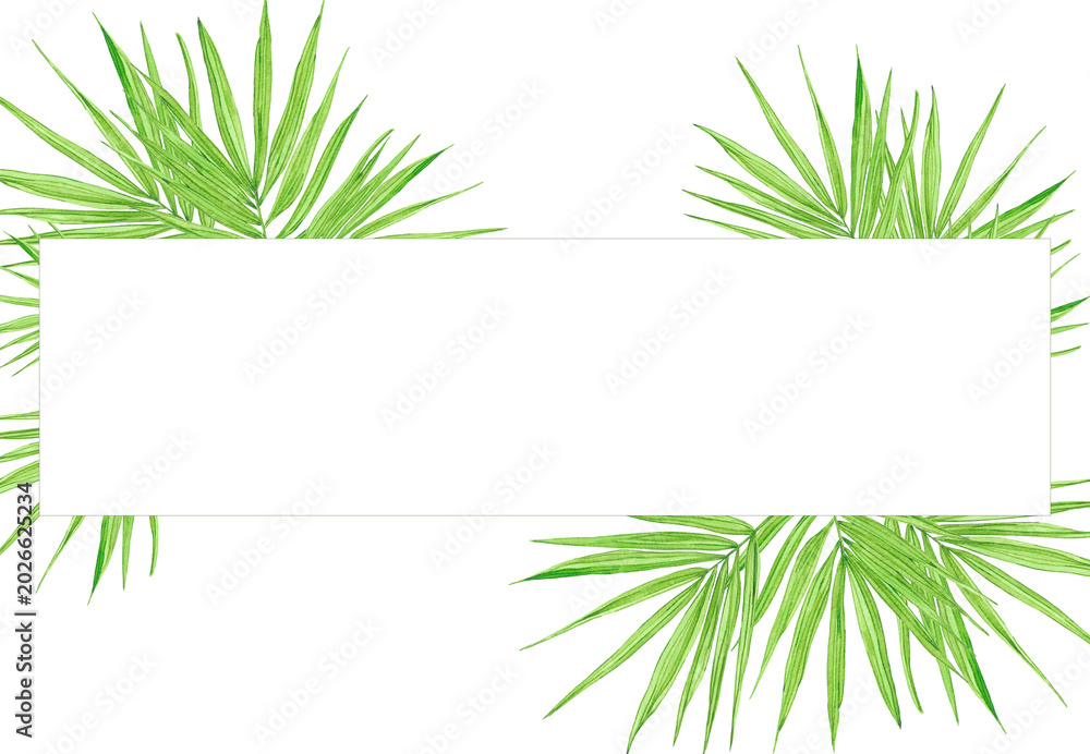 Fototapeta premium Hand drawn watercolor tropical leaves frame border. Illustration isolated on white background. Can be used for invitation, card, travel design and other printed products
