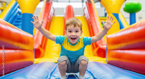 Young boy playing on colorful inflatable slide in a fun indoor playground, smiling with arms raised in excitement