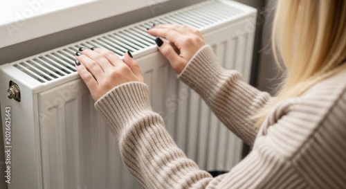 Woman with long blonde hair checks temperature of a white radiator while wearing a cozy beige sweater indoors near a window