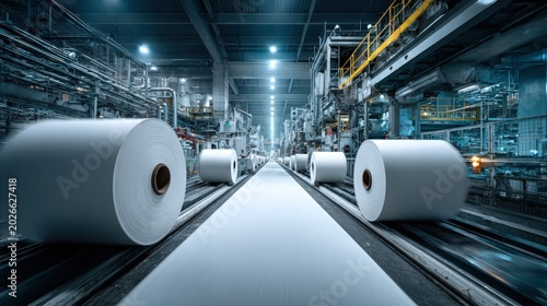 Massive rolls of paper on automated assembly line in modern industrial facility.