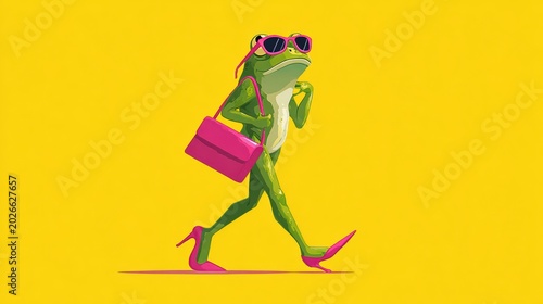 Stylish frog mascot illustration, green frog walking upright like a girl, pink shoes, pink purse, shy elegant walking pose, sunglasses, vibrant flat illustration