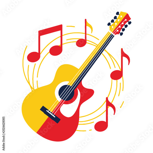 Foto Acoustic Guitar with Colorful Music Notes Symbolizing Melody and Rhythmic Musica