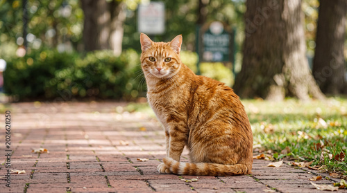 A friendly orange tabby cat sits attentively on a sunny brick path in a park, gazing directly at the viewer.