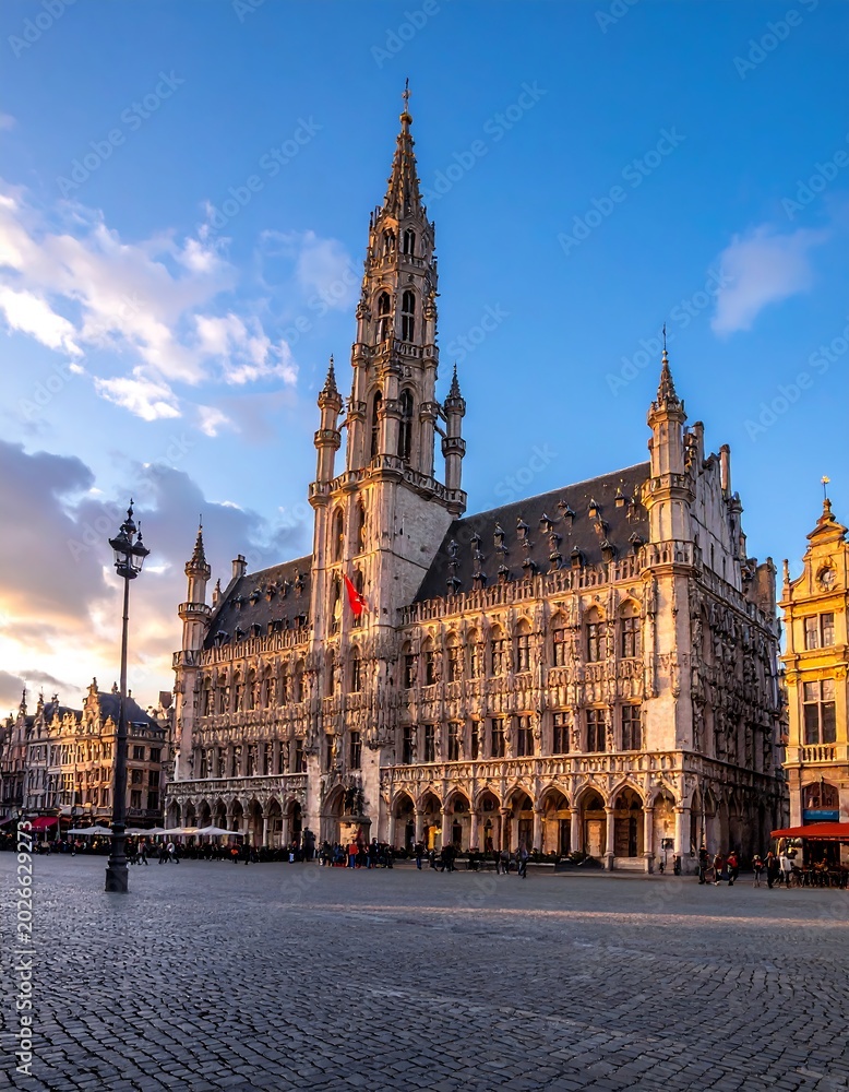 Obraz premium Grand building architecture against blue sky with sunlight and urban scenery