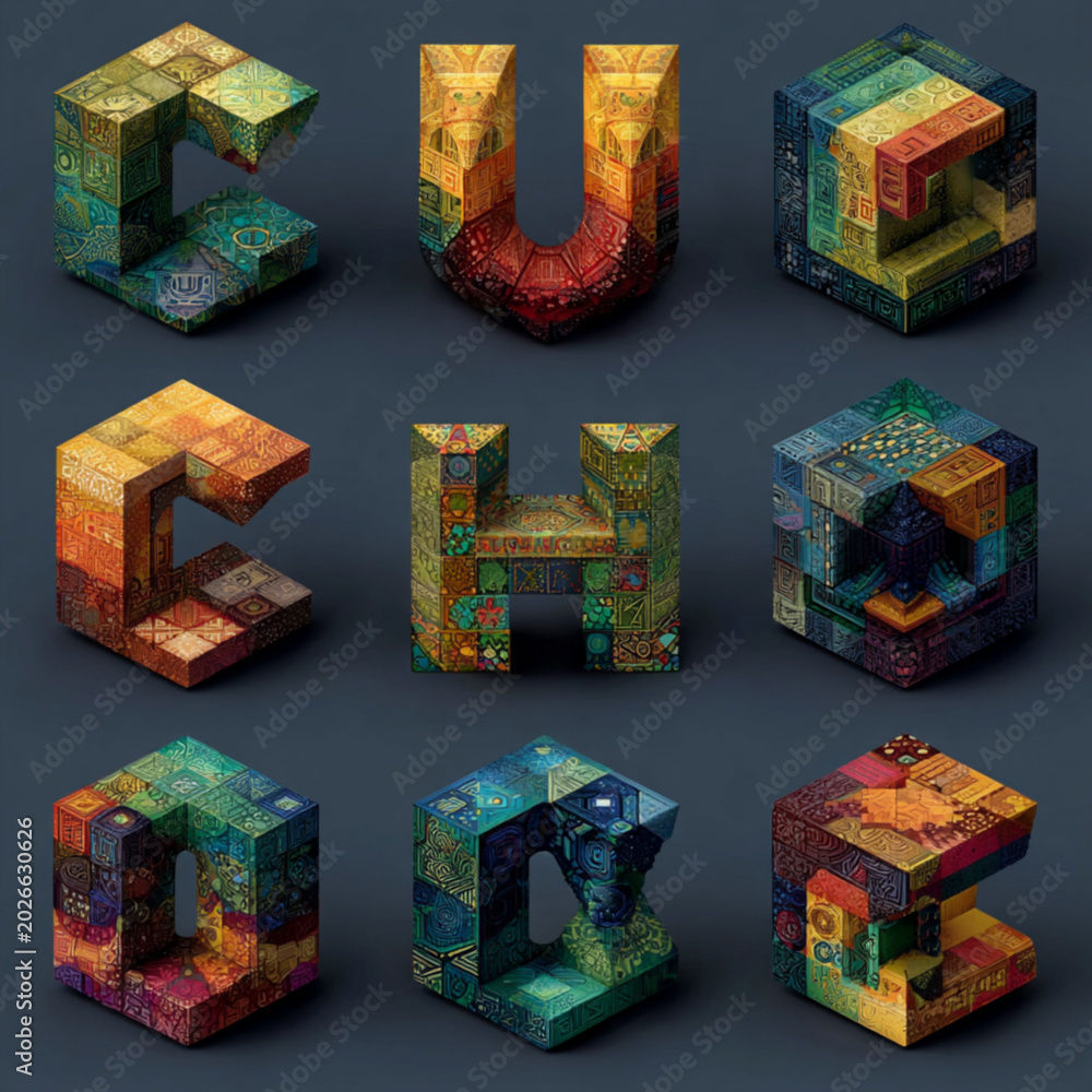 Obraz premium Abstract Isometric Alphabet Letters Composed of Intricate Geometric Mosaic Patterns and Vibrant Artistic Textures