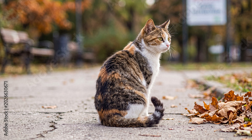 Принти на полотні A beautiful calico cat with striking markings sitting on a cracked paved path during an autumn day