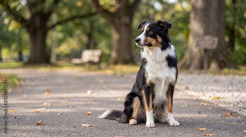 Foto Beautiful tricolor Australian shepherd mix dog sitting calmly on a park path