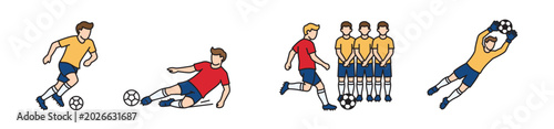 Tablou pe pânză Set of four colored linear soccer player icons featuring dribbling, sliding tackle, free kick against wall, and goalkeeper save