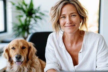 Woman with dog in bright home interior. Friendly pet owner portrait with natural light and cozy modern living room background.