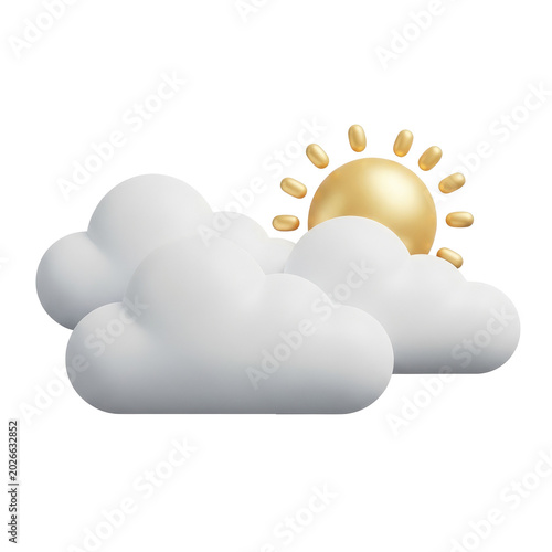 3D render of a sun behind white fluffy clouds.
