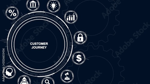Customer Journey Concept with Circular Infographic and Business Icons on Dark Blue Background marketing