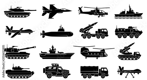 Tableau sur toile Defense and military vehicle silhouette icon pack vector illustration