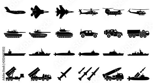 Fotografie Military transport silhouette vector collection with tanks jets helicopters and