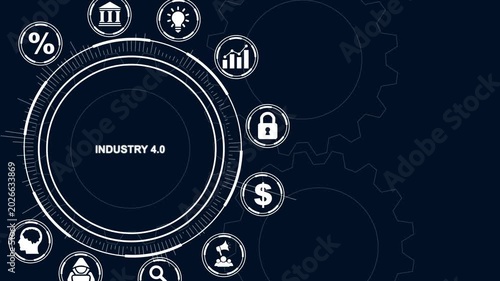 Industry 4.0 Concept with Circular Infographic and Business Icons on Dark Blue Background technology