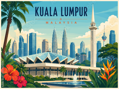 Postcard illustration of Kuala Lumpur featuring National Mosque inspired roofline and minaret with modern skyline backdrop