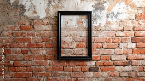 Empty black frame on brick wall.