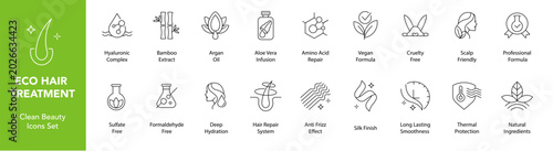 Hair treatment line art icon set, clean beauty cosmetic symbols collection, natural skincare