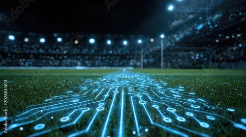 Futuristic Digital Grid on a Sports Field at Night.