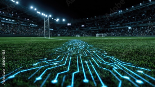 Futuristic Football Stadium Illuminated by Digital Circuitry at Night.