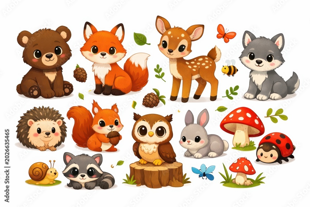 Naklejka premium Cute cartoon forest animals set with bear fox deer owl rabbit squirrel hedgehog icons illustration