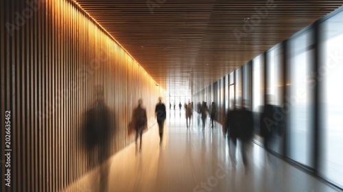 Blurred people walking in modern corridor.