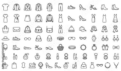 Photos Fashion Clothing, Accessories and Apparel Line Icon Collection Vector