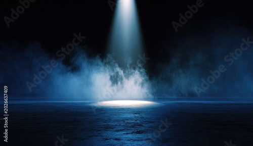 A single spotlight illuminates a smoky, dark stage floor