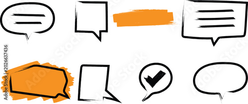 Hand drawn sketch speech bubble set, vector illustration of black dialogue comic balloons with orange highlight strokes isolated on white background