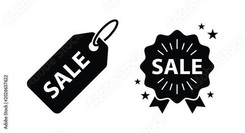 Foto Sale tag and rosette icons black silhouette