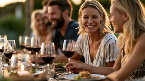 Friends enjoying outdoor dinner party, talking and laughing